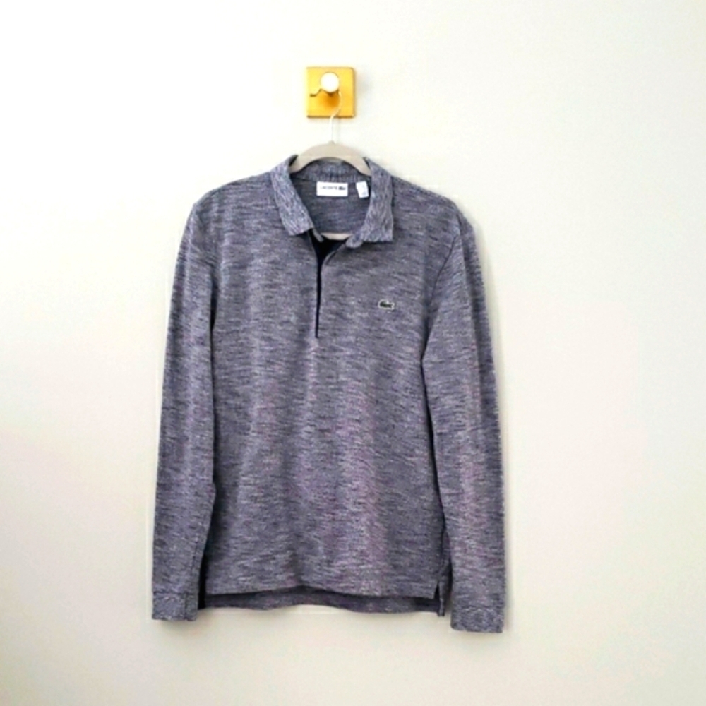 Lacoste Men Rugby Polo Shirt Medium Navy Blue Mouline Cotton Long Sleeve Preppy